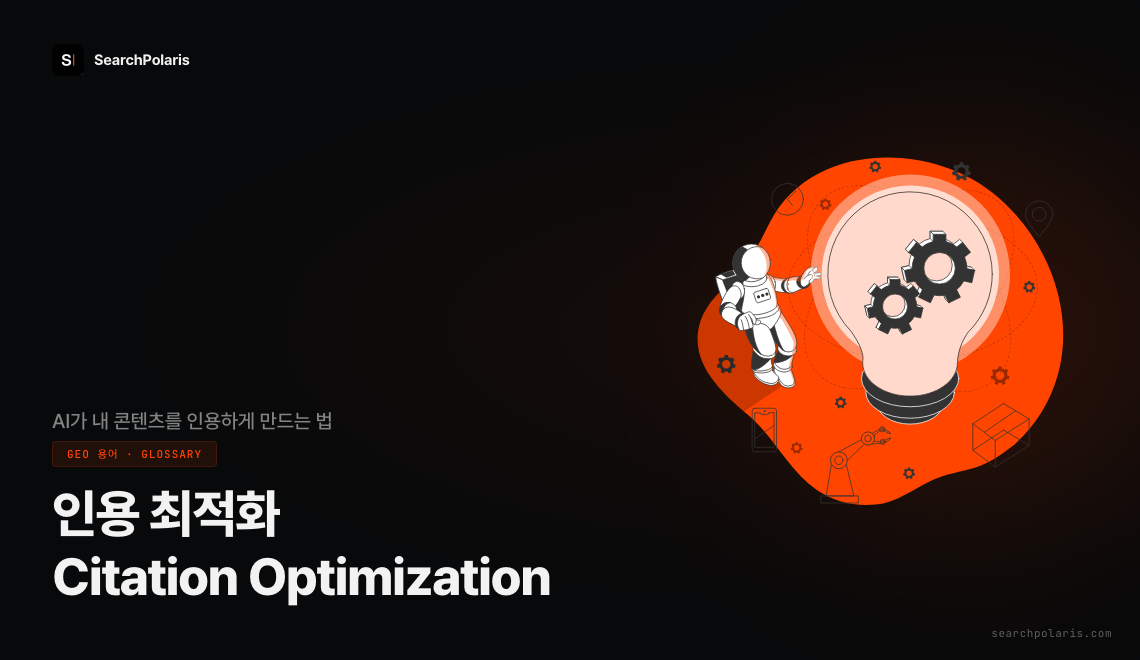 인용 최적화(Citation Optimization) 뜻과 실전 방법 썸네일. 통계·인용구·출처를 더하면 AI 인용이 최대 40% 오른다는 연구를 바탕으로 사실 밀도·권위·구조 3대 신호를 시각화. 서치폴라리스 2026.07