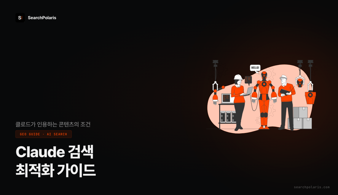 Claude 검색 최적화 가이드 썸네일. 클로드가 인용하는 콘텐츠의 조건을 다루며 Claude 로고 모티브와 서치폴라리스 로고가 함께 배치된 일러스트. ClaudeBot 크롤러, 1차 출처, 영문 엔티티 병기 3대 조건이 시각적으로 표현되어 있다. 서치폴라리스 2026.05.