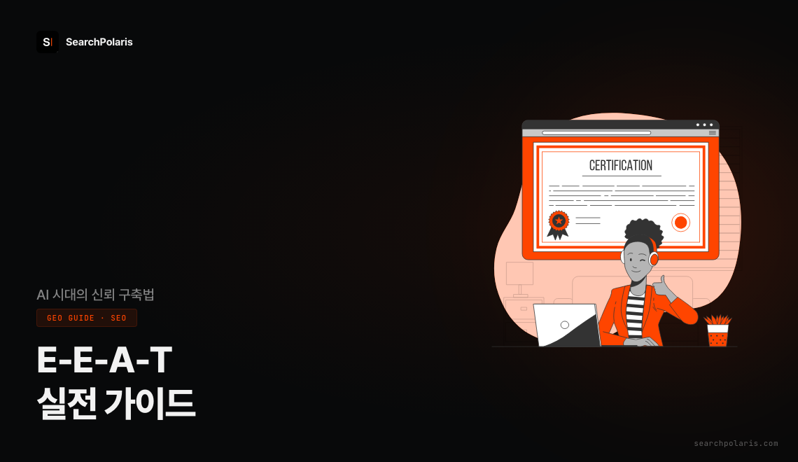 경험·전문성·권위성·신뢰성 4요소가 구글 검색 품질 평가와 챗GPT·퍼플렉시티 AI 인용을 동시에 결정하는 신뢰 구축 구조, 서치폴라리스 GEO GUIDE 2026.04