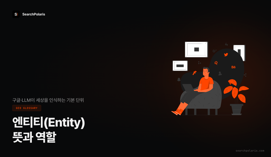 엔티티(Entity)는 구글이 DB 용어가 아닌 실제 존재하는 실체로 인식하는 단위. SEO 엔티티·지식 그래프·브랜드 엔티티 구축 4조건을 GEO 관점으로 설명하는 서치폴라리스 가이드. 서치폴라리스 2026.04