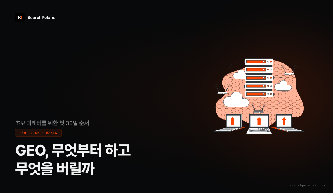 GEO 시작하기 초보 마케터 입문 가이드 썸네일. 생성형 엔진 최적화의 정의와 첫 30일 실행 순서를 다루며, 구글 공식 문서 기준으로 llms.txt와 구조화 데이터가 필수가 아니라는 점, GPTBot과 OAI-SearchBot의 역할 차이, 국내 사무직 생성형 AI 경험률 71.9퍼센트 데이터를 정리한 이미지. 서치폴라리스 2026.07
