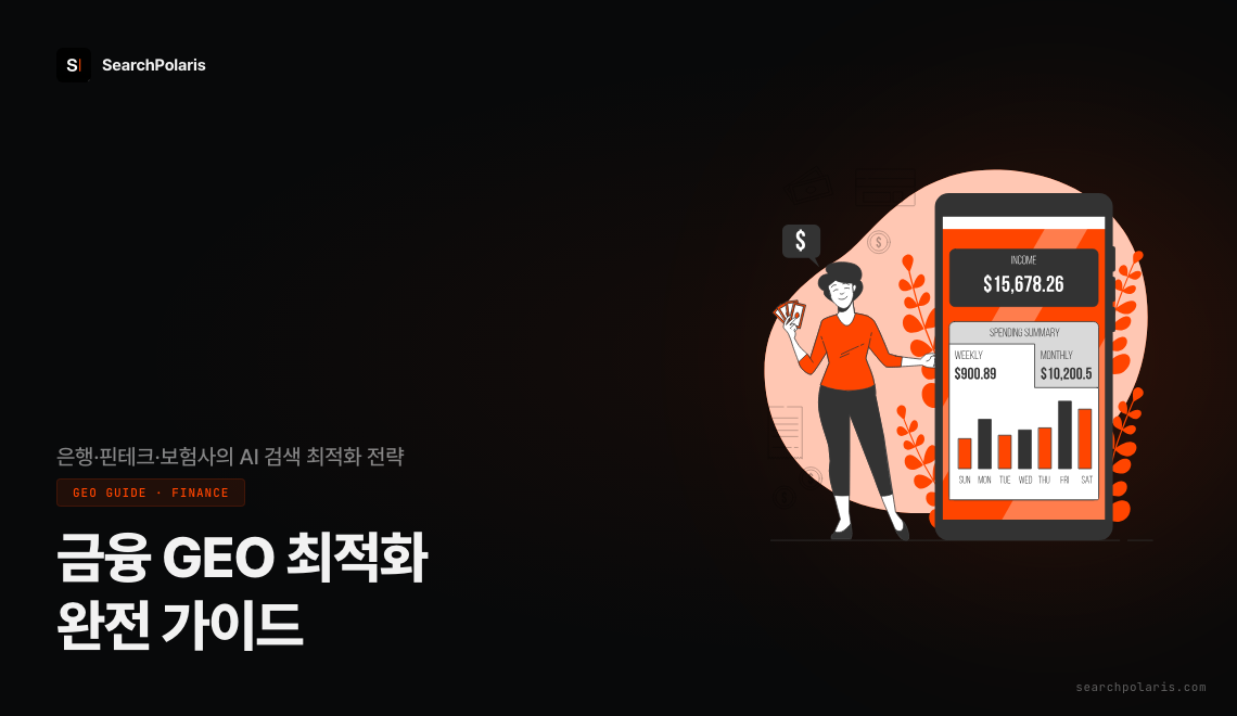 금융 GEO 최적화 완전 가이드 썸네일, 은행·핀테크·보험사가 챗GPT·퍼플렉시티 AI 검색에서 브랜드를 인용시키는 3가지 신뢰 축 전략, 서치폴라리스 2026.04