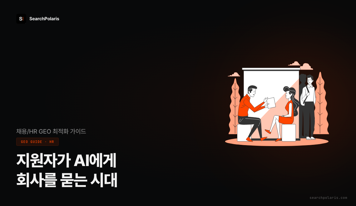 채용/HR GEO 최적화 가이드 썸네일. Z세대 구직자 98%가 취업 준비에 AI를 쓰는 시대, 지원자가 챗GPT에 회사를 묻기 전에 채용 정보를 AI가 읽도록 만드는 구조를 다룬다. 서치폴라리스 2026.08
