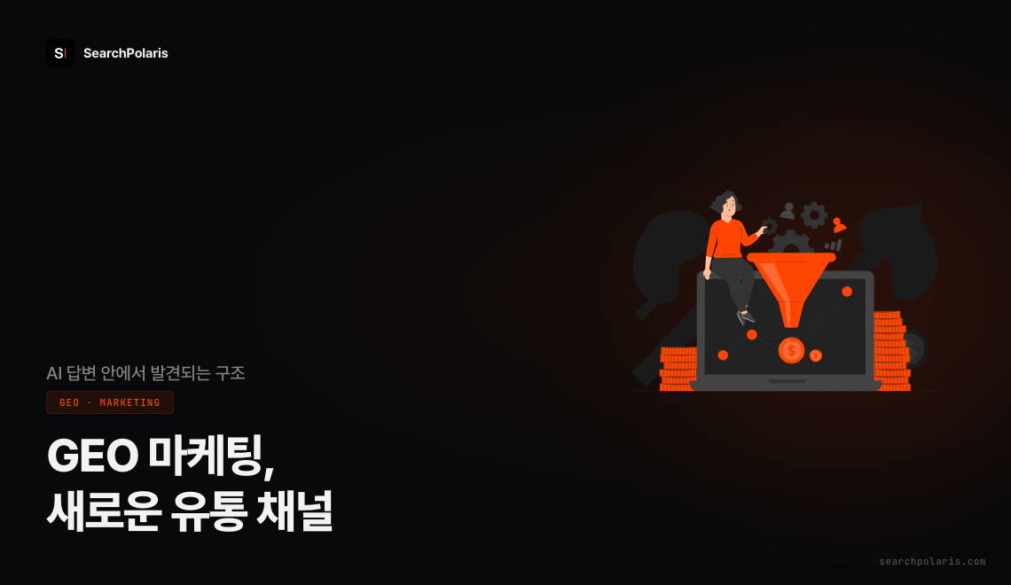GEO 마케팅 썸네일. AI 답변 안에서 브랜드가 발견되는 구조를 다루며 콘텐츠 생산과 유통 발견의 차이, 퍼널 상단 축소와 방문 품질 상승, GA4와 서치콘솔의 측정 공백, 예산과 담당 조직 배치 기준을 정리한 이미지. 서치폴라리스 2026.07