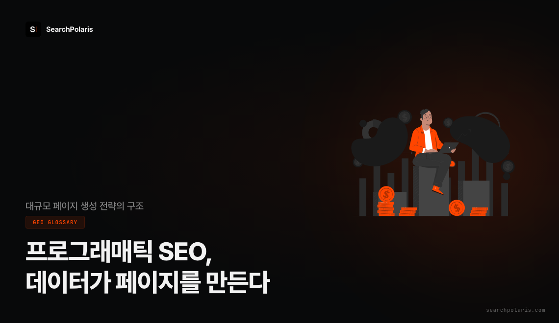 프로그래매틱 SEO(Programmatic SEO) 대규모 페이지 생성 전략 썸네일. 데이터셋과 템플릿을 결합해 검색 페이지를 수백 장 단위로 만들어내는 구조를 다루며, 노트북으로 데이터 차트를 다루는 인물 일러스트가 배치되어 있다. 서치폴라리스 2026.07.