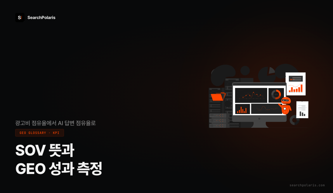SOV 뜻과 GEO 성과 측정 썸네일. 광고비 점유율 지표였던 SOV(Share of Voice)가 AI 답변 속 브랜드 언급 점유율인 AI SOV로 확장되는 변화를 담은 용어 가이드. 서치폴라리스 2026.07