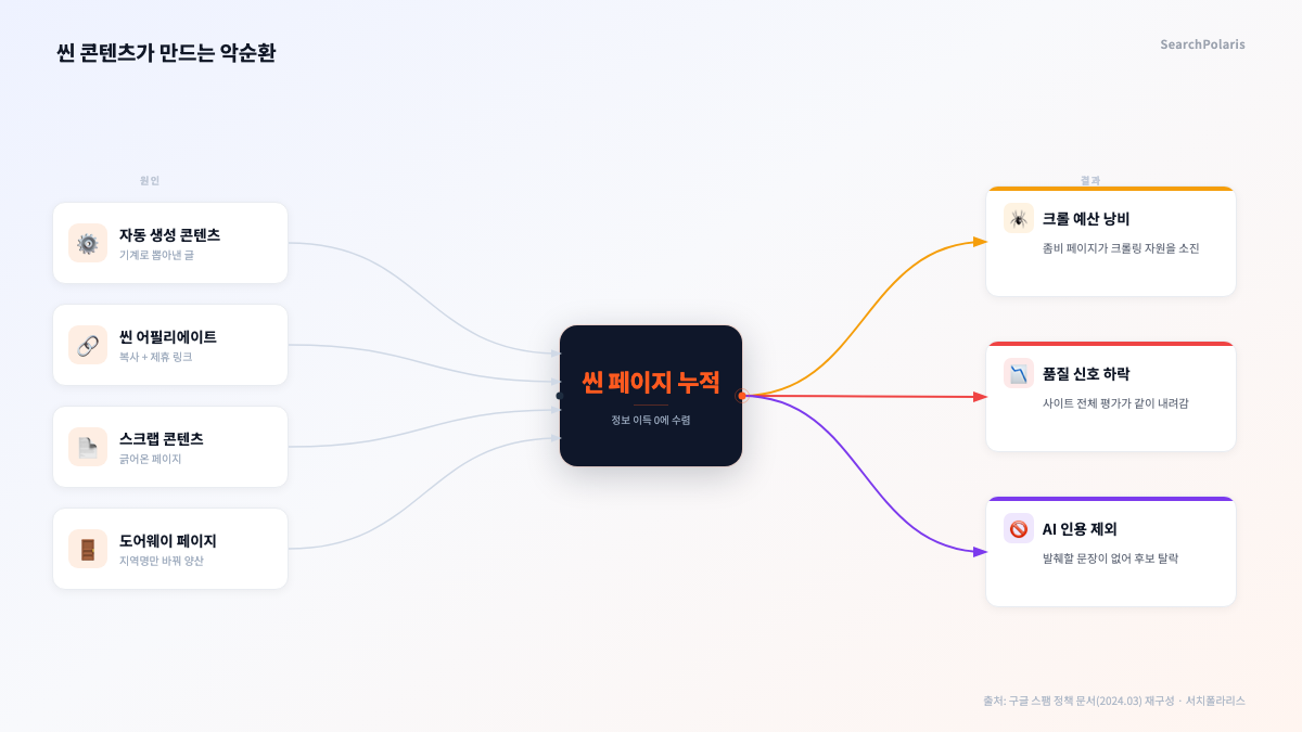 씬 콘텐츠 악순환 구조. 자동 생성, 씬 어필리에이트, 스크랩, 도어웨이 4유형이 얇은 페이지로 누적되면 크롤 예산 낭비, 사이트 품질 신호 하락, AI 인용 제외로 이어진다. 구글 2024년 3월 스팸 정책 문서 재구성, 서치폴라리스 2026.07