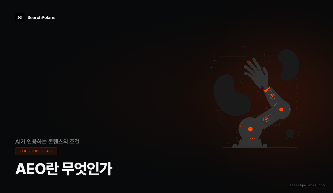 AEO(Answer Engine Optimization)란 AI 검색엔진이 사용자 질문에 직접 답변할 때 자사 콘텐츠가 인용되도록 구조·엔티티·직접답변을 최적화하는 전략이다. 서치폴라리스 2026.05
