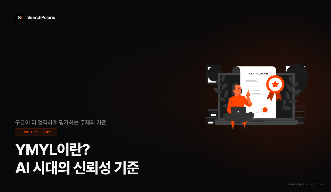 YMYL 뜻과 AI 시대 신뢰성 기준을 정리한 가이드 썸네일. 구글 검색품질평가 가이드라인이 정의한 YMYL 주제 범위와 2025년 개정 내용, 분야별 AI Overview 노출률 실측 데이터를 다룬다. 서치폴라리스 2026.07