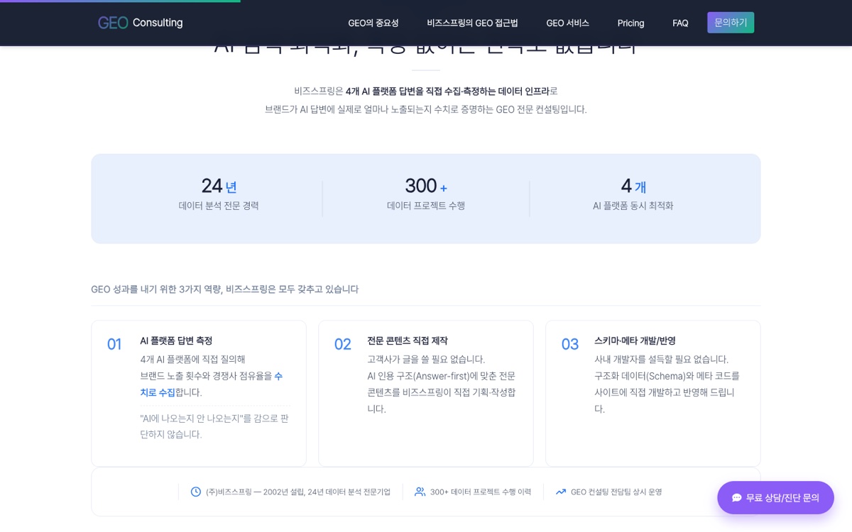비즈스프링 GEO 컨설팅 페이지의 4개 AI 플랫폼 답변 측정 섹션 (bizspring.co.kr, 2026-08-22 캡처)