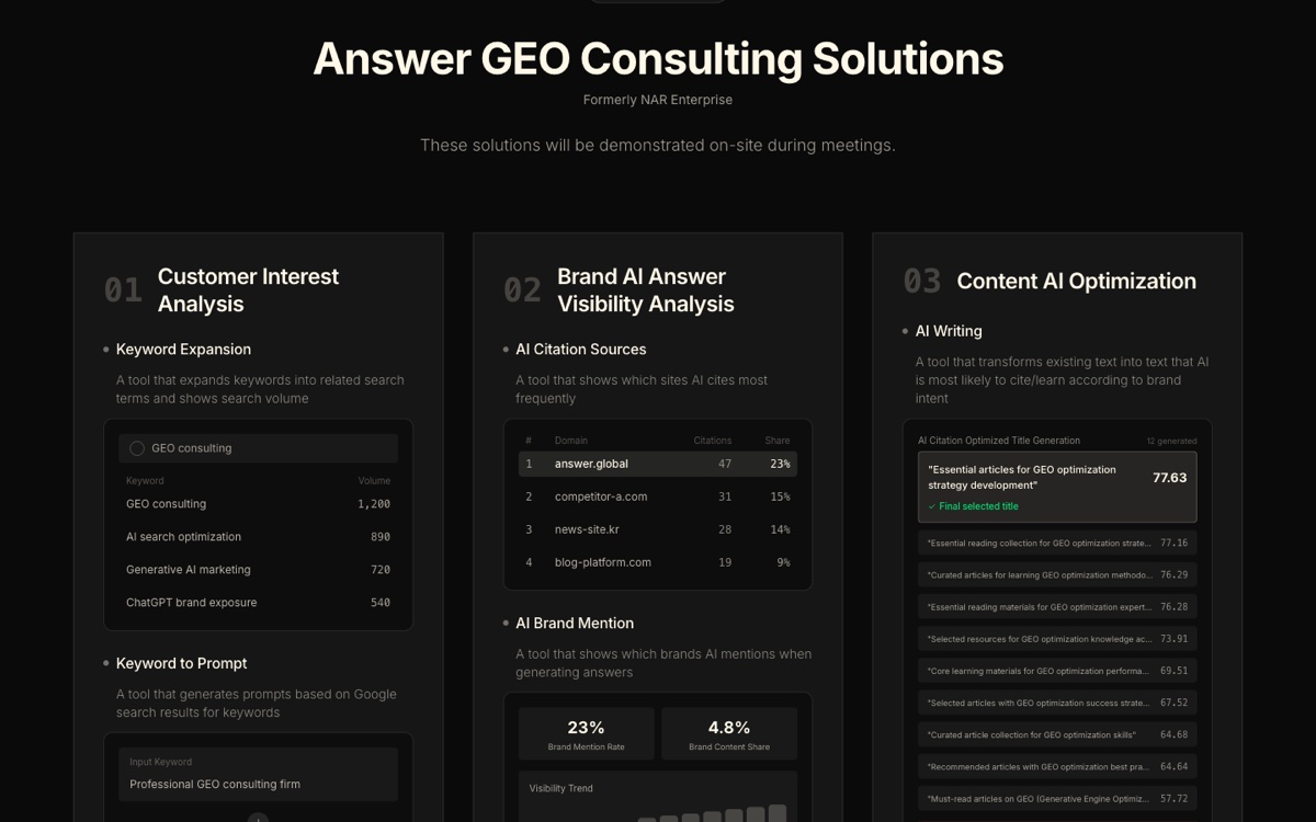 앤서 GEO 컨설팅 페이지의 솔루션 3종 섹션 (answer.global, 2026-08-22 캡처)