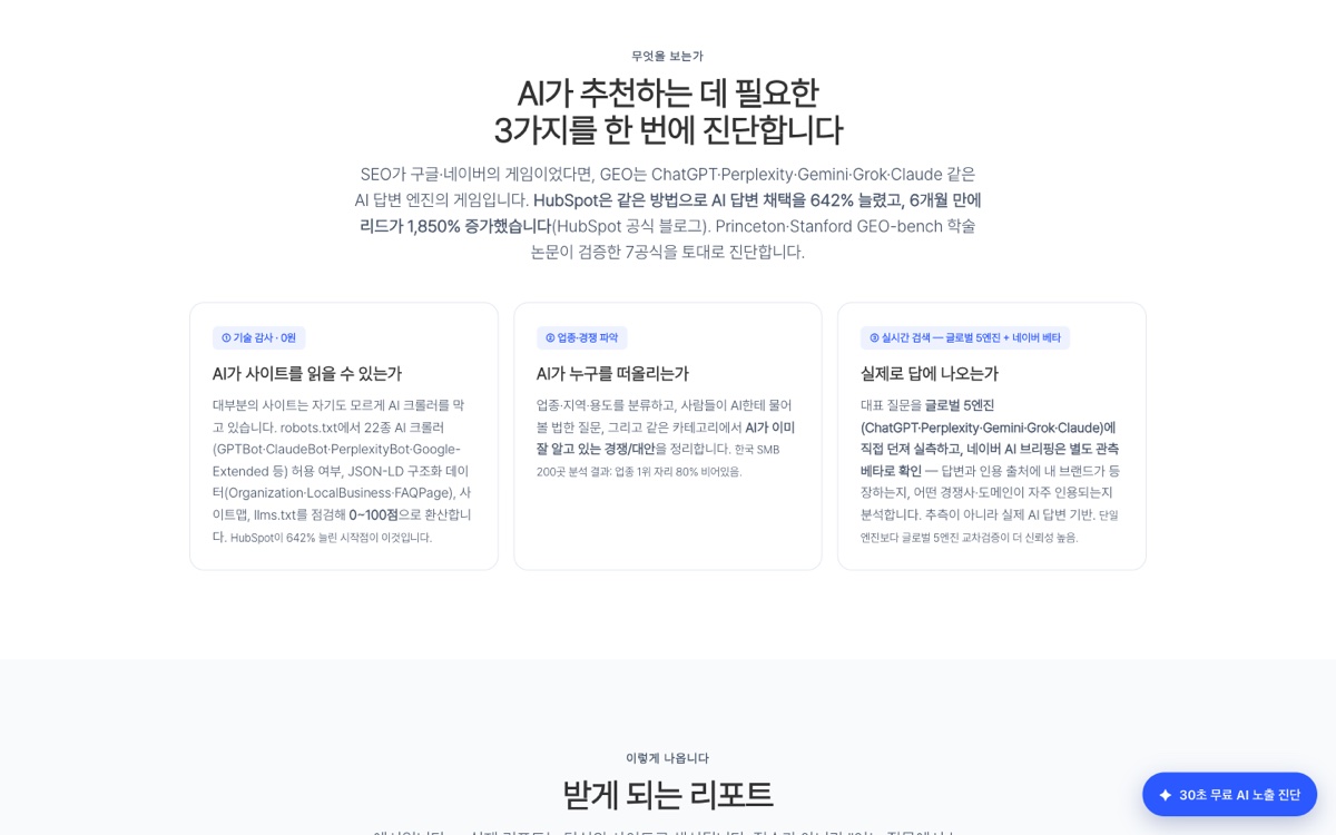오픈타임 무료 진단 페이지의 3가지 진단 항목 섹션 (ai.idearabbit.co.kr, 2026-08-22 캡처)